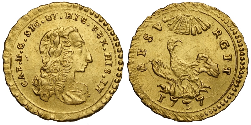 obverse: Palermo, Carlo di Borbone, Oncia d oro 1737, Au mm 22 g 4,40 minimi graffietti ma esemplare piacevolmente fresco, SPL