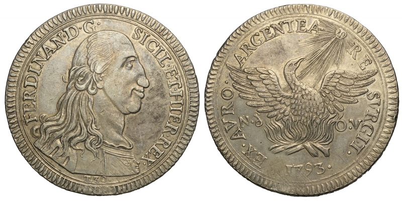 obverse: Palermo, Ferdinando III di Borbone, Oncia da 30 Tarì 1793, Ag mm 47 g 68,08 piacevole esemplare con bella patina, BB-SPL