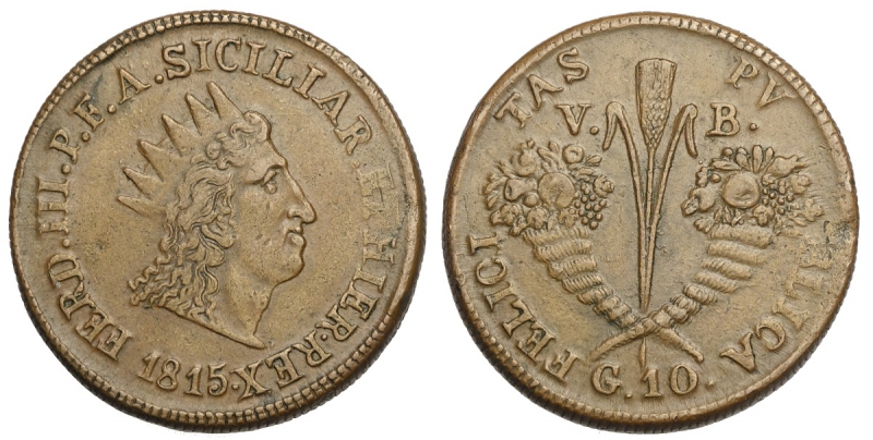 obverse: Palermo, Ferdinando III di Borbone, 10 Grani 1815, Cu mm 36 SPL