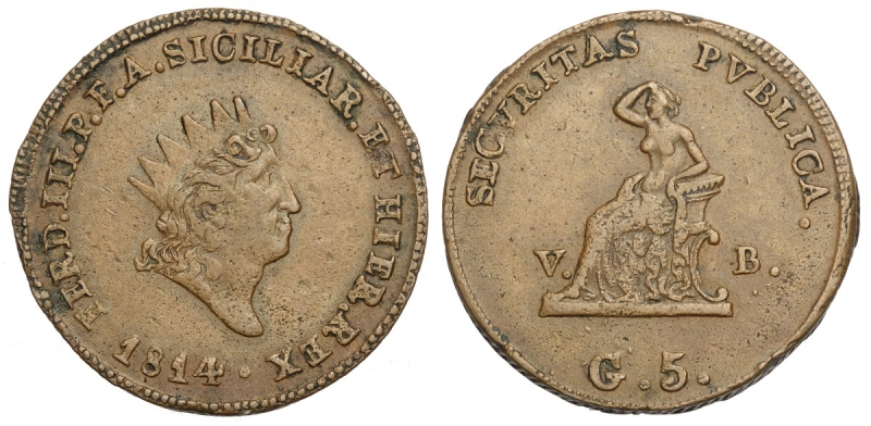 obverse: Palermo, Ferdinando III di Borbone, 5 Grani 1814 contorno rigatura obliqua, Rara Gig-86a Cu mm 30,5 q.SPL