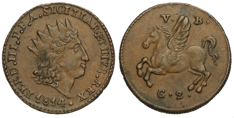 obverse: Palermo, Ferdinando III di Borbone, 2 Grani 1814, Cu mm 22,2 buon SPL