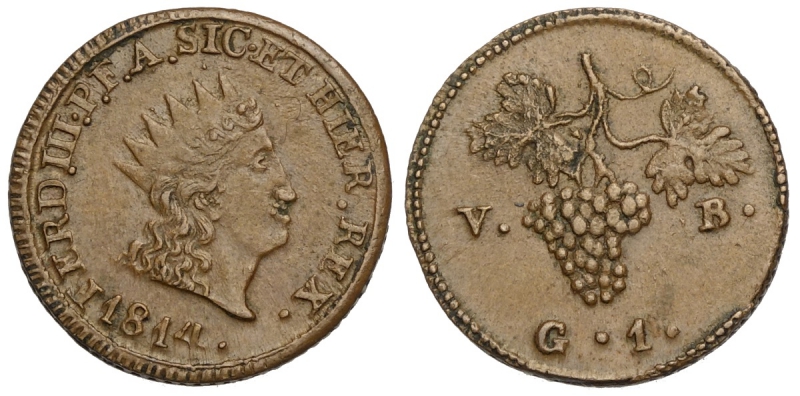 obverse: Palermo, Ferdinando III di Borbone, Grano 1814 con punto dopo la data, Rara Cu mm 18 conservazione particolare, FDC