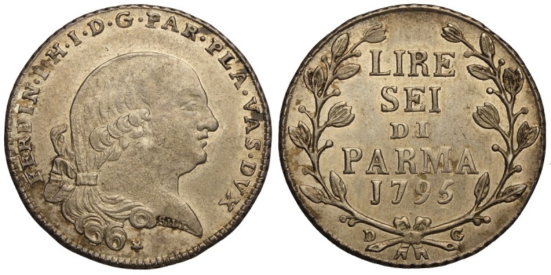 obverse: Parma, Ferdinando di Borbone, 6 Lire 1795, non comune, Ag mm 29 g 7,33 migliore di SPL