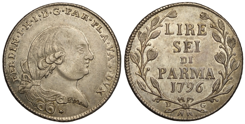 obverse: Parma, Ferdinando di Borbone, 6 Lire 1796, non comune, Ag mm 29 g 7,32 SPL