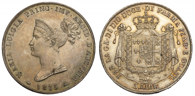obverse: Parma, Maria Luigia d Austria, 5 Lire 1815, Ag mm 37 segnetti sul collo e minimo colpetto al bordo, SPL