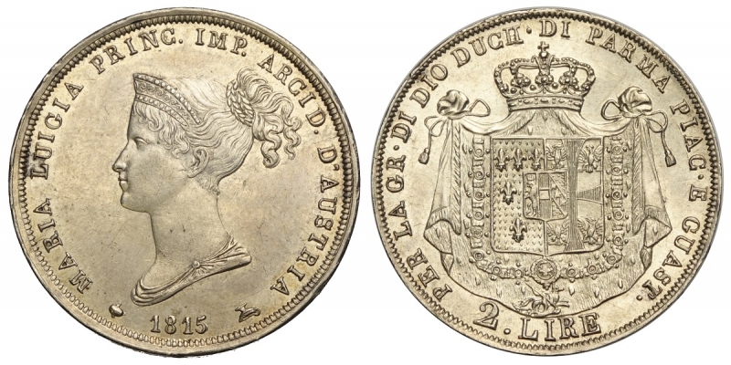 obverse: Parma, Maria Luigia d Austria, 2 Lire 1815, RR Ag mm 27 alta conservazione, SPL-FDC