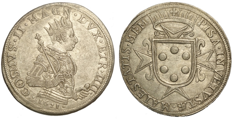 obverse: Pisa, Ferdinando II Dè Medici, Tallero 1621, RR Ag mm 42 g 27,94 di piacevole freschezza, SPL
