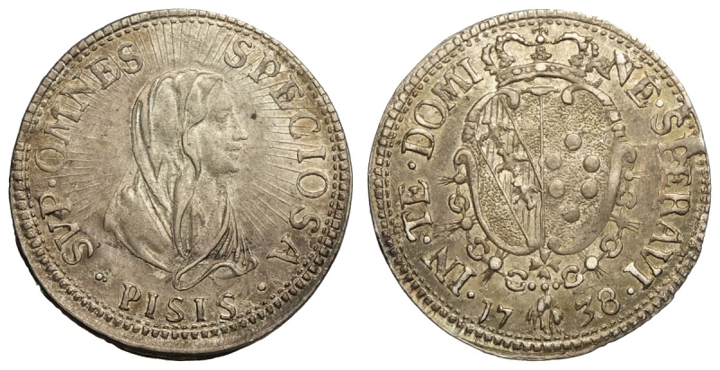 obverse: Pisa, Francesco I di Lorena, Mezzo Giulio o Grosso 1738, RRR Ag mm 18 g 1,35 rarissima ed è l unica moneta battuta per Pisa di Francesco I, SPL