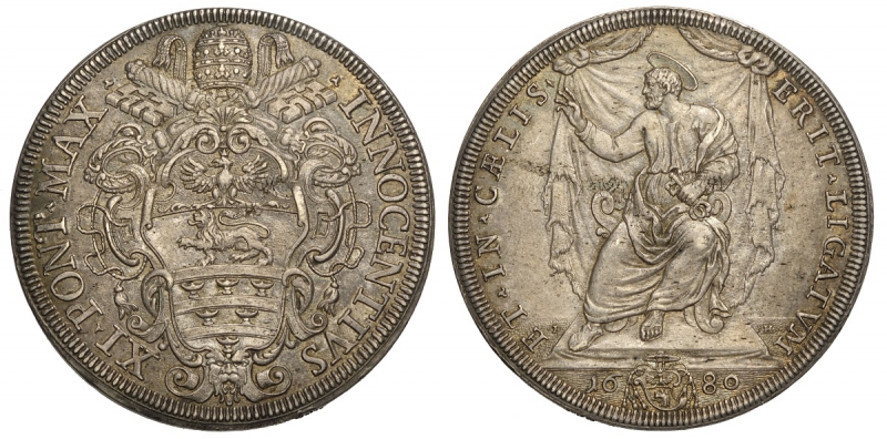 obverse: Roma, Innocenzo XI, Piastra 1680, Ag mm 44 g 31,70 esemplare di alta conservazione con una bella patina riposata, migliore di SPL