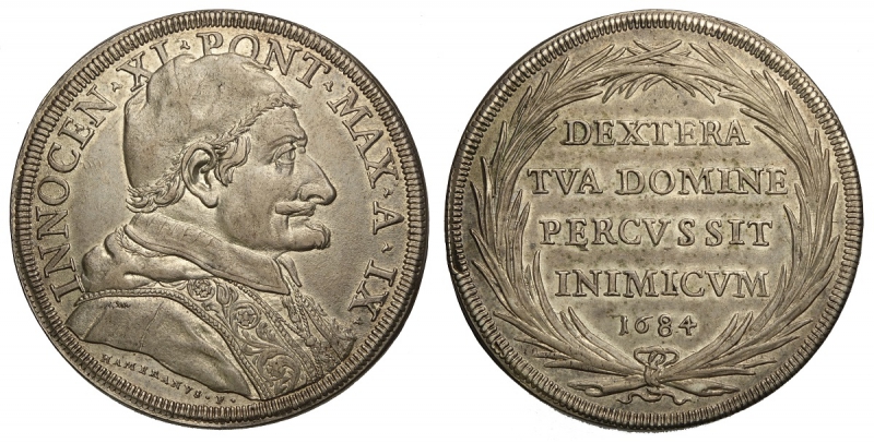 obverse: Roma, Innocenzo XI, Piastra 1684 anno IX, Ag mm 43 g 31,93 migliore di SPL