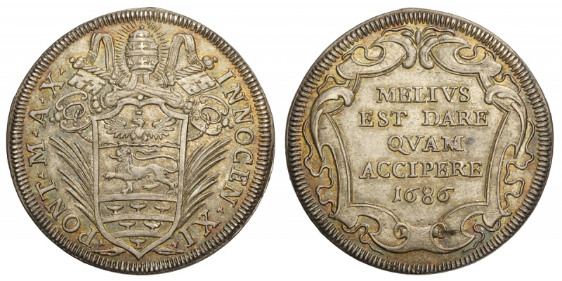 obverse: Roma, Innocenzo XI, Testone 1686 anno X, Munt-105 Ag mm 32 g 9,16 bellissima patina, SPL-FDC