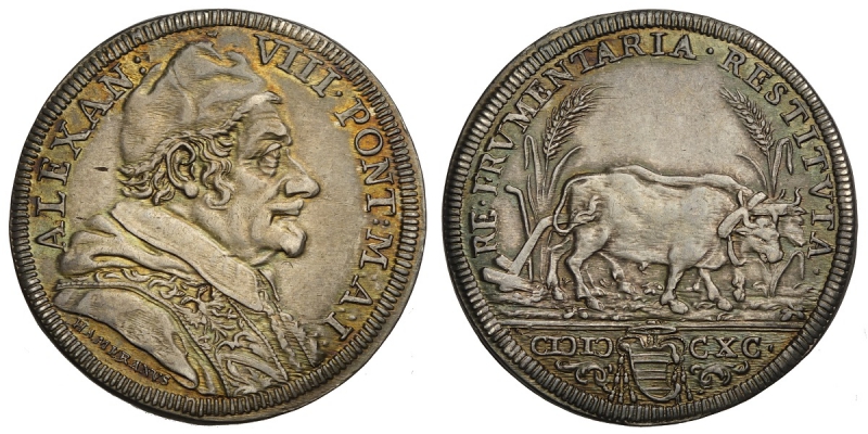 obverse: Roma, Alessandro VIII (1689-1691), Testone anno I, Munt-16 Ag mm 33 g 9,12 magnifico esemplare per conservazione e patina, SPL-FDC