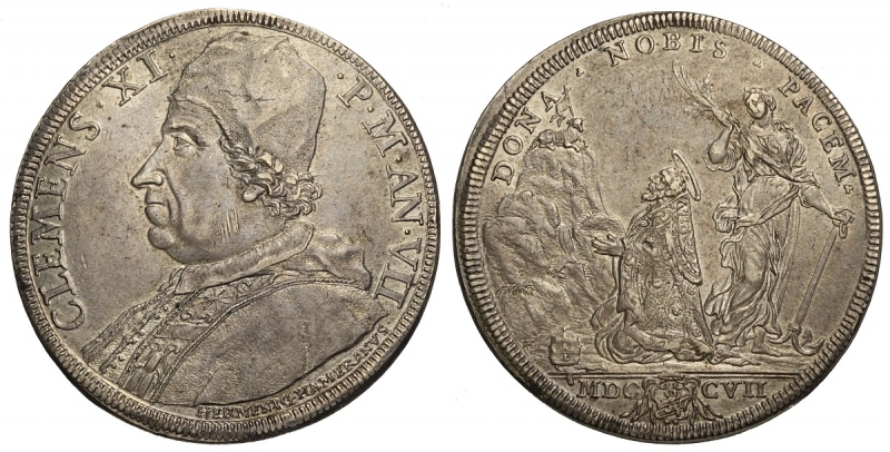 obverse: Roma, Clemente XI, Piastra 1707 anno VII, Ag mm 43 g 32,11 gradevole patina su metallo lucente, SPL