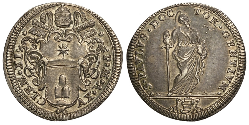 obverse: Roma, Clemente XI (1700-1721), Giulio anno XV, Rara Ag mm 25 g 3,02 SPL-FDC
