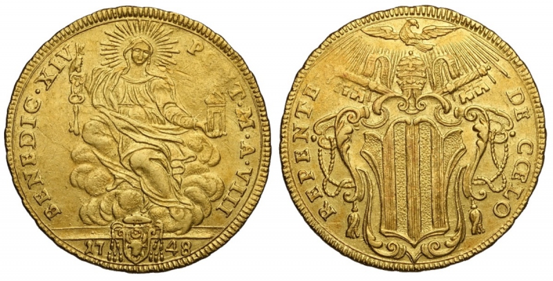 obverse: Roma, Benedetto XIV, Doppio Zecchino 1748, RR Au mm 25 g 6,80 SPL