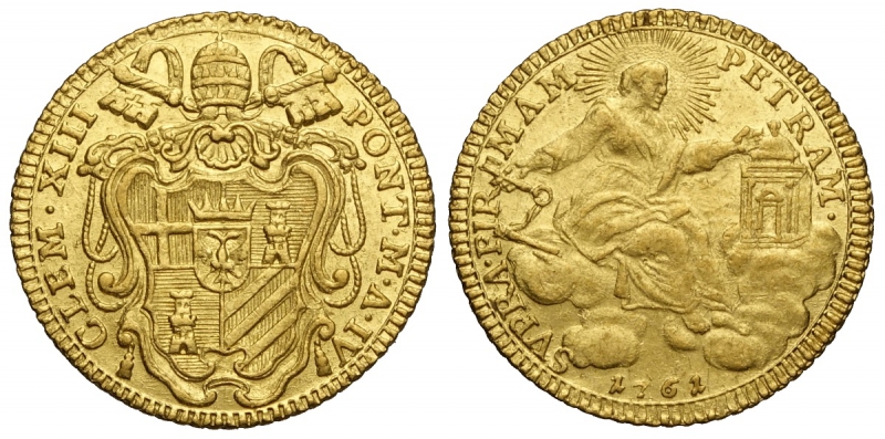 obverse: Roma, Clemente XIII, Zecchino 1761 anno IV, Au mm 21 g 3,43 buon SPL