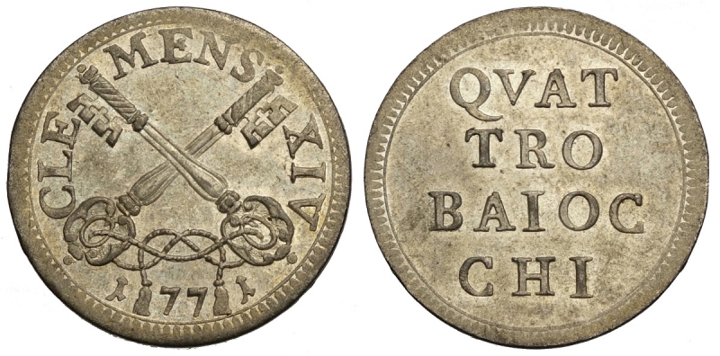 obverse: Roma, Clemente XIV, Muraiola da 4 Baiocchi 1771, Rara Mi mm 23 g 3,46 migliore di SPL