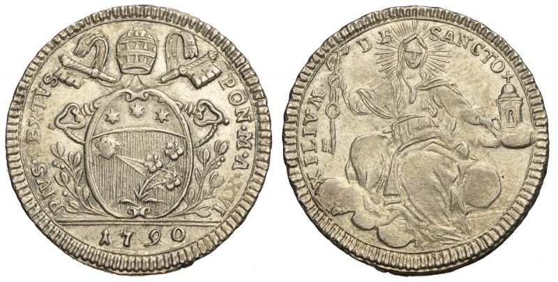 obverse: Roma, Pio VI, Quinto di Scudo 1790 anno XVI, Rara Ag mm 25 g 5,28 q.FDC