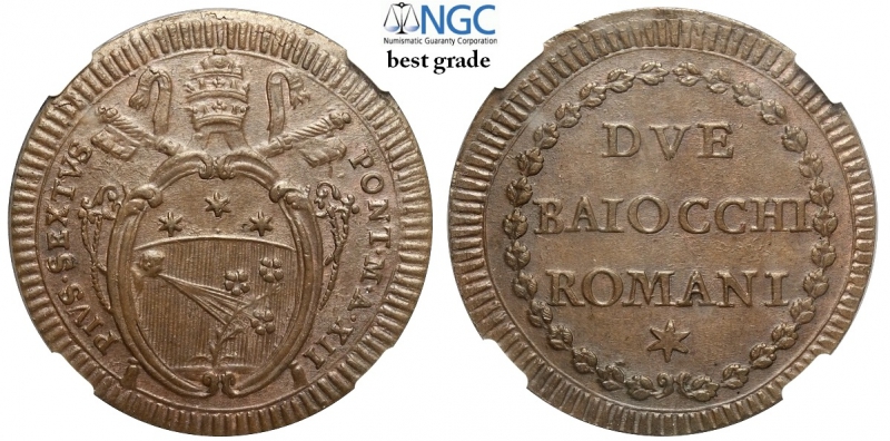 obverse: Roma, Pio VI (1775-1799), 2 Baiocchi anno XII, Cu mm 39 conservazione eccezionale, in slab NGC MS65 (miglior esemplare sigillato NGC)