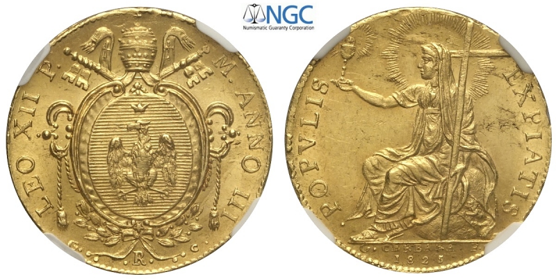 obverse: Roma, Leone XII, Leonina o Doppio Zecchino 1825-R anno III, Rara Au mm 23 moneta di grande fascino numismatico e in alto stato di conservazione, in slab NGC MS62 (secondo miglior esemplare sigillato NGC)