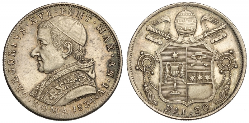 obverse: Roma, Gregorio XVI, Testone da 30 Baiocchi 1834 anno IV, Ag mm 27,5 bella patina, SPL-FDC