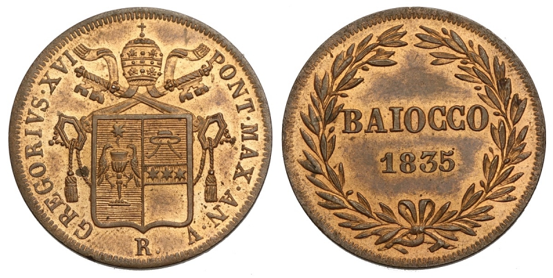 obverse: Roma, Gregorio XVI, Baiocco 1835-R anno V, Cu mm 30 rame rosso FDC
