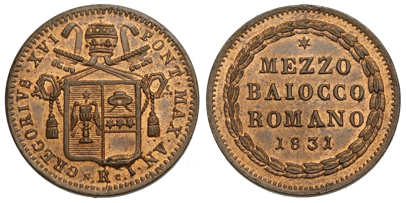 obverse: Roma, Gregorio XVI, Mezzo Baiocco 1831-R anno I, Cu mm 23,5 rame rosso FDC