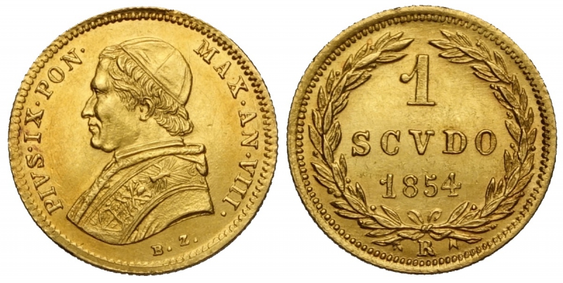 obverse: Roma, Pio IX, Scudo d oro stretto 1854-R anno VIII, Au mm 14,5 SPL