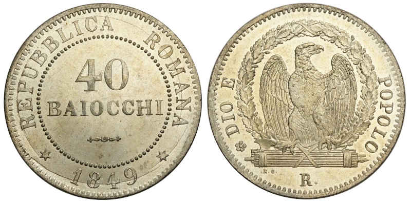 obverse: Roma, Seconda Repubblica Romana, 40 Baiocchi 1849, Mi mm 35, conservazione superlativa, FDC