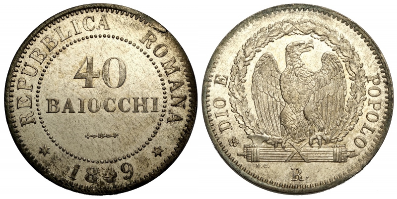 obverse: Roma, Seconda Repubblica Romana, 40 Baiocchi 1849, Mi mm 35, ottimo esemplare, SPL-FDC