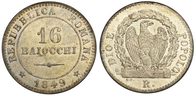 obverse: Roma, Seconda Repubblica Romana, 16 Baiocchi 1849, Mi mm 26, ottimo esemplare, q.FDC