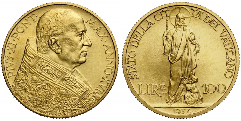 obverse: Roma, Pio XI, 100 Lire 1937 anno XVI, RRR Au mm 20,7 millesimo rarissimo, FDC