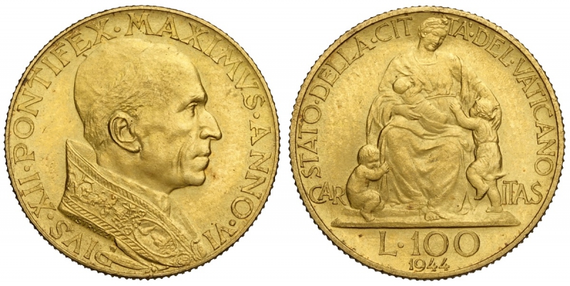 obverse: Roma, Pio XII, 100 Lire 1944 anno VI, RR Au mm 20,7, tiratura di 1000 pezzi, FDC