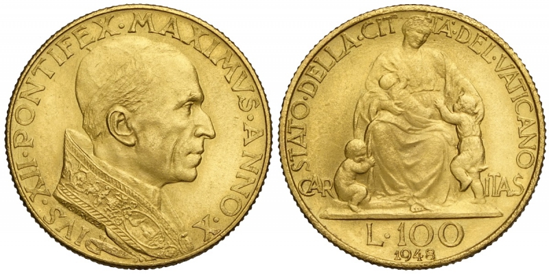 obverse: Roma, Pio XII, 100 Lire 1948 anno X, Rara Au mm 20,7 FDC