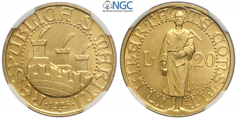 obverse: San Marino, Vecchia Monetazione, 20 Lire 1925, RR Au mm 21 altissima conservazione, in slab NGC MS64 (secondo miglior esemplare sigillato NGC)