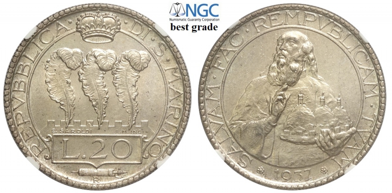 obverse: San Marino, Vecchia Monetazione, 20 Lire 1937, Rara Ag mm 35,5 alta conservazione, in slab NGC MS64 (miglior esemplare sigillato NGC)