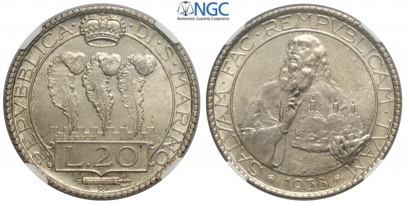 obverse: San Marino, Vecchia Monetazione, 20 Lire 1938, RR Ag mm 35,5 conservazione eccezionale, in slab NGC MS66