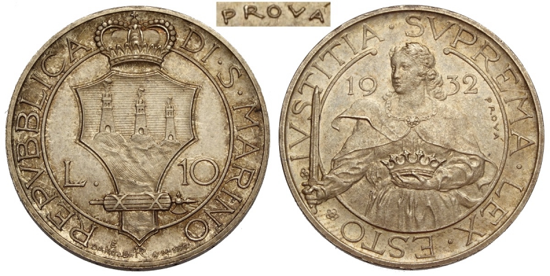 obverse: San Marino, Vecchia Monetazione, 10 Lire 1932 Prova, RR Ag mm 27 bellissima patina e piena conservazione, FDC