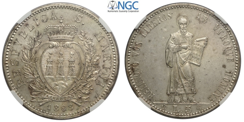 obverse: San Marino, Vecchia Monetazione, 5 Lire 1898, Rara Ag mm 37 bei fondi lucenti, in slab NGC MS62