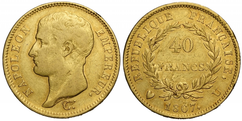 obverse: Torino, Napoleone I Imperatore, 40 Franchi 1807-U, RRRR Au mm 26 millesimo estremamente raro, minimi segnetti, BB