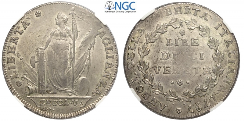 obverse: Venezia, Municipalità Provvisoria, 10 Lire Venete 1797, Rara Ag mm 40 conservazione inusuale, in slab NGC MS63