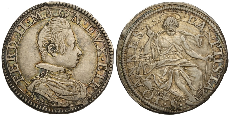 obverse: Firenze, Ferdinando II Dè Medici, Testone 1624, RRR Ag mm 32 g 9,15 bellissima patina, q.SPL