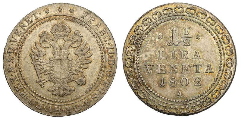 obverse: Venezia, Francesco II d Asburgo Lorena, 1,5 Lire 1802-A (Vienna), Mi mm 32 bellissima patina iridescente, q.FDC