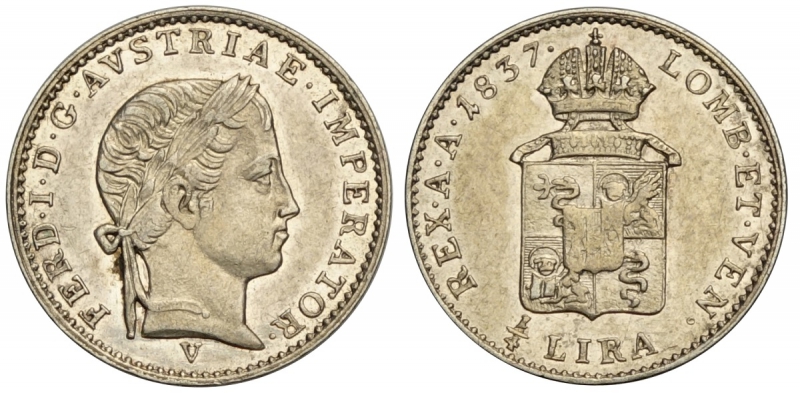 obverse: Venezia, Ferdinando I d Asburgo Lorena, Quarto di Lira austriaca 1837-V, RR Ag mm 16 di eccezionale qualità con i fondi speculari, SPL-FDC