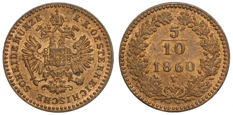obverse: Venezia, Francesco Giuseppe I d Asburgo Lorena, 1/2 Soldo o 1/2 Kreuzer austriaco 1860-V, Cu mm 16,5 rame rosso FDC