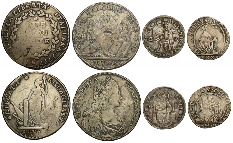 obverse: Venezia, lotto di 4 monete in argento: 10 Lire 1797, Tallero 1781 (porosità), Marcello 1486-1501, Liretta 1688-1694