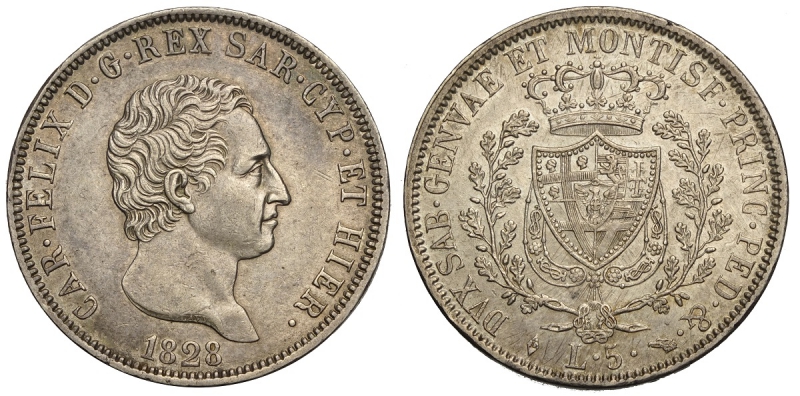 obverse: Savoia, Carlo Felice, 5 Lire 1828 Torino, Ag mm 37 migliore di SPL