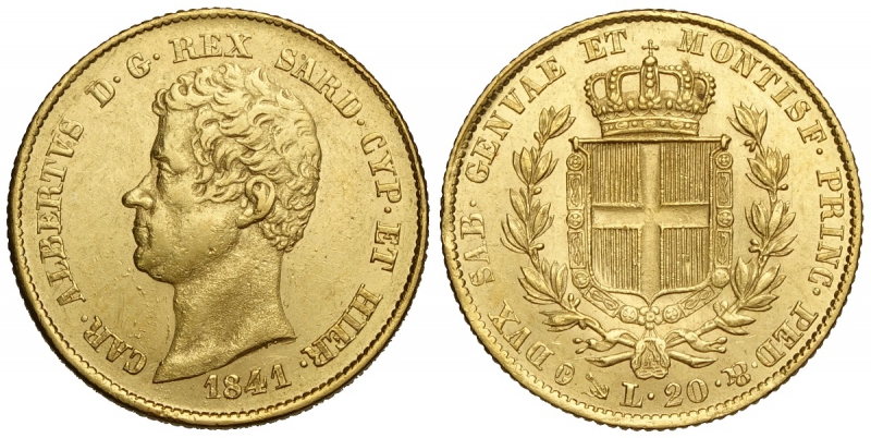 obverse: Savoia, Carlo Alberto, 20 Lire 1841 Genova, Au mm 21 SPL