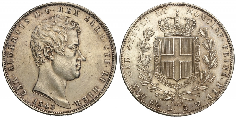 obverse: Savoia, Carlo Alberto, 5 Lire 1843 Genova, Ag mm 37 SPL