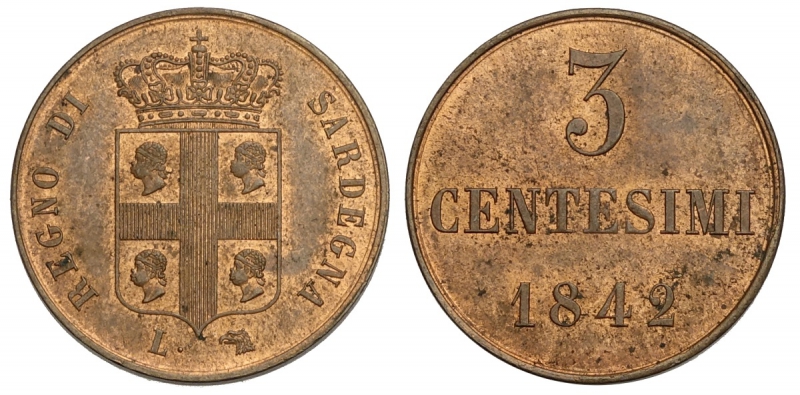obverse: Savoia, Carlo Alberto, 3 Centesimi 1842, Rara Cu mm 20 moneta proveniente dalla nostra Asta 4 del 2016 a Villa d Este, collezione 